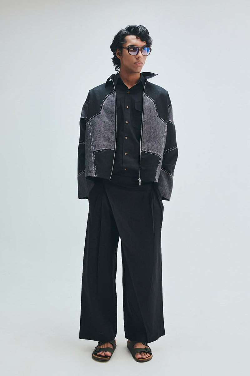 Linen Kantha Men’s Applique Panelled Jacket linen jacket by Saphed Men in black for men in Singapore