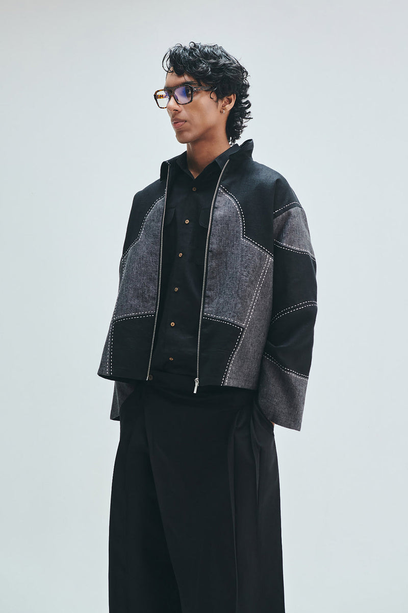 Linen Kantha Men’s Applique Panelled Jacket linen jacket by Saphed Men in black for men in Singapore