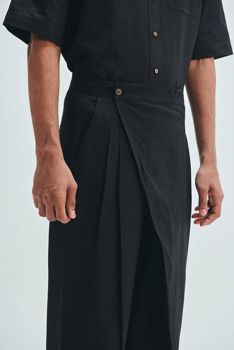 Kohl Co-Linen Men’s Wrap Trousers cotton linen pant/trouser by Saphed Men in black for men in Singapore