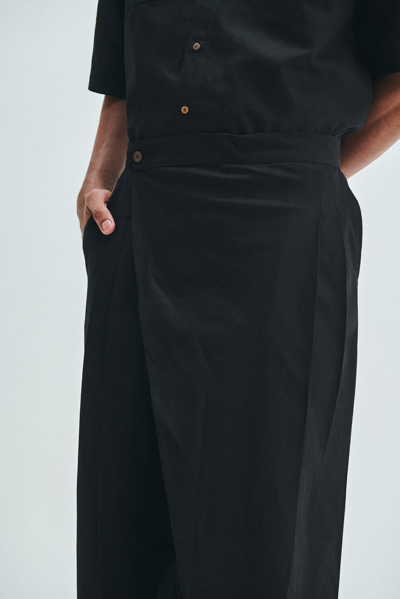 Kohl Co-Linen Men’s Wrap Trousers cotton linen pant/trouser by Saphed Men in black for men in Singapore