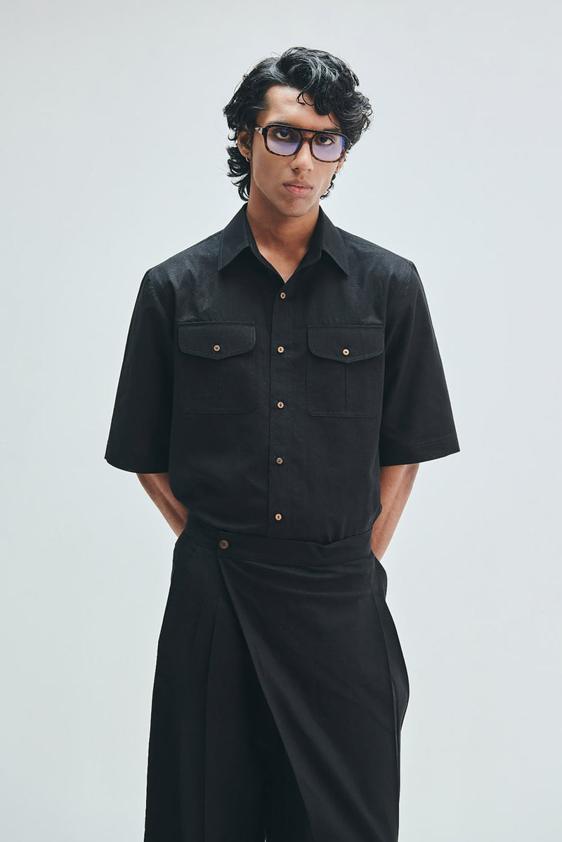 Kohl Co-Linen Men’s Flap Pocket Shirt cotton linen shirt by Saphed Men in black for men in Singapore
