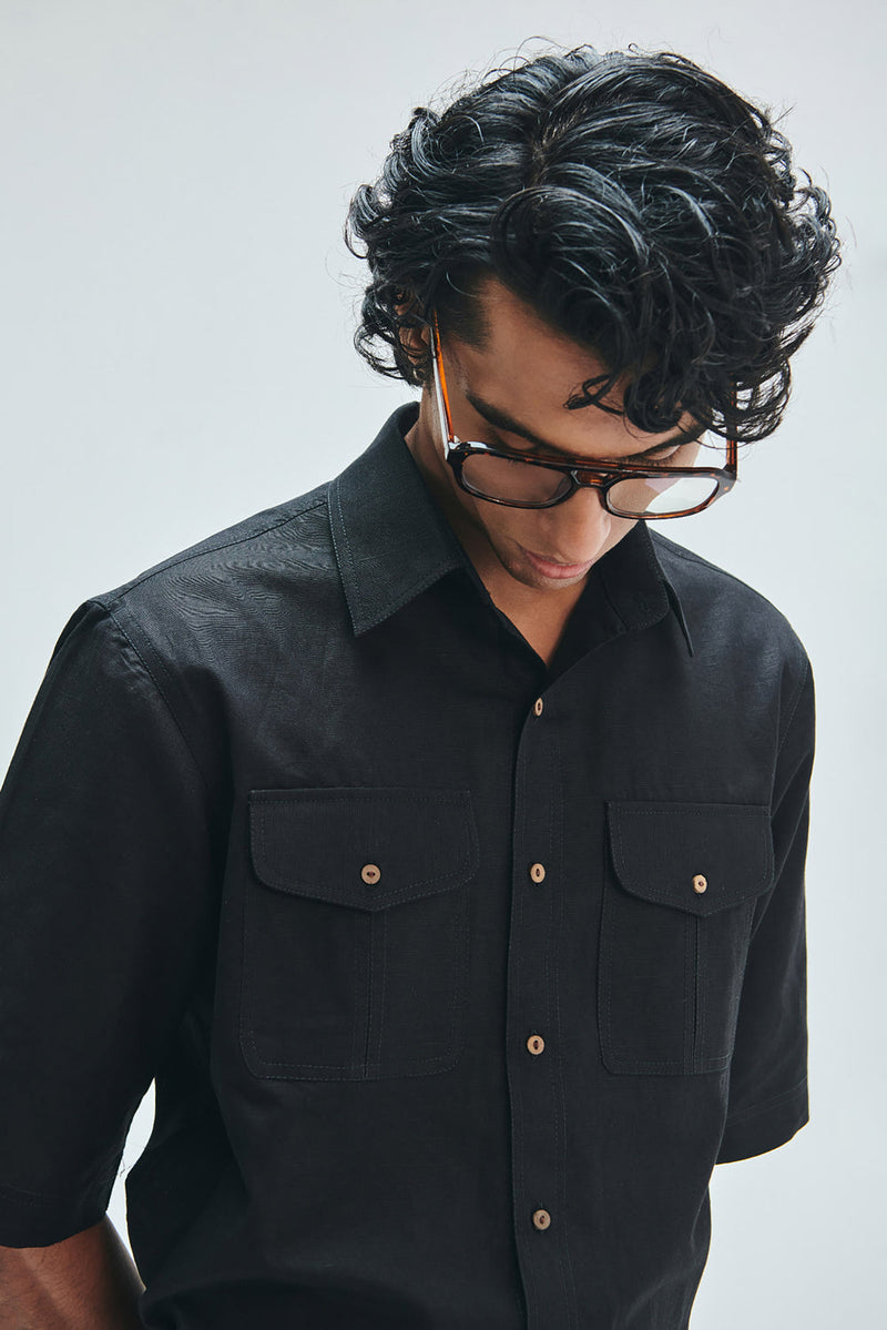 Kohl Co-Linen Men’s Flap Pocket Shirt cotton linen shirt by Saphed Men in black for men in Singapore