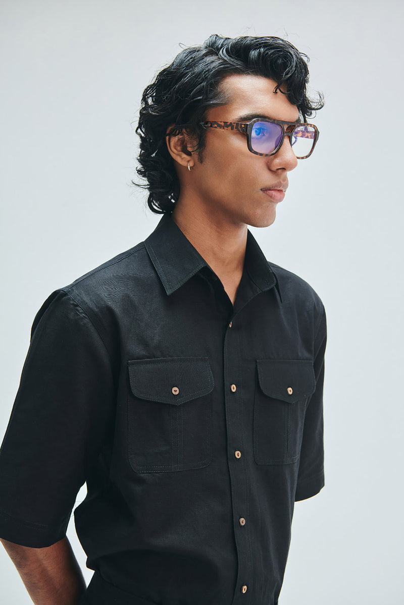 Kohl Co-Linen Men’s Flap Pocket Shirt cotton linen shirt by Saphed Men in black for men in Singapore