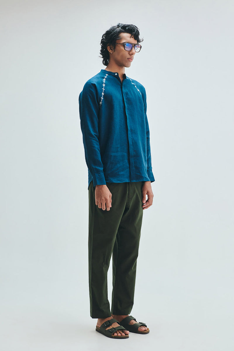Pine Linen Men’s Tapered Lounge Pants cotton linen pant/trouser by Saphed Men in green for men in Singapore