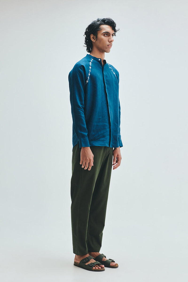 Indigo Linen Embroidered Men’s Raglan Shirt linen shirt by Saphed Men in blue for men in Singapore