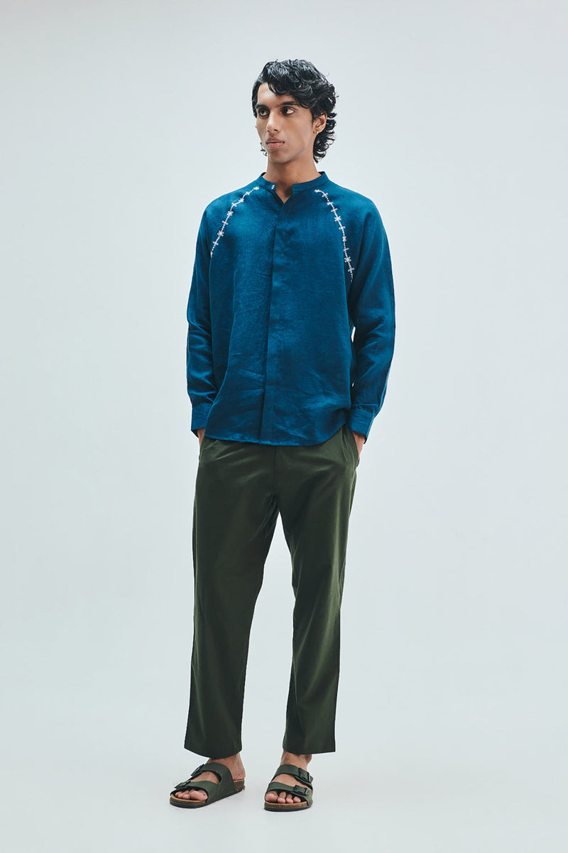 Indigo Linen Embroidered Men’s Raglan Shirt linen shirt by Saphed Men in blue for men in Singapore