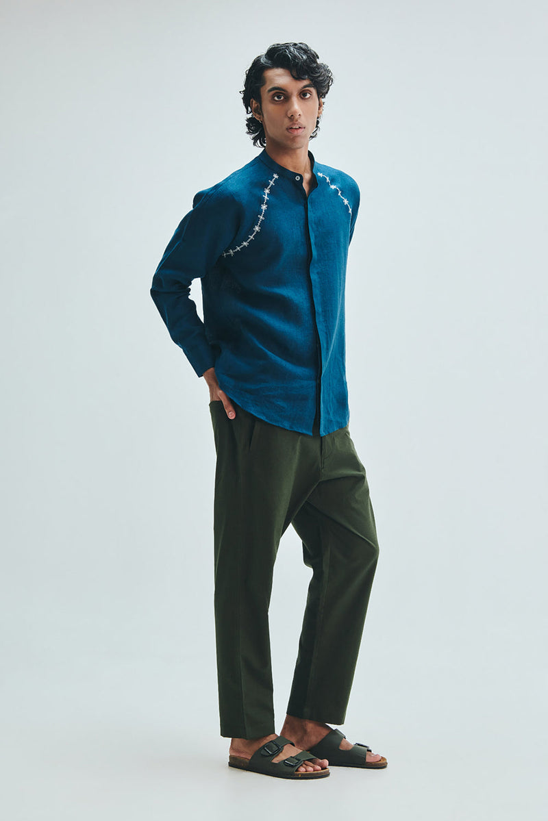 Pine Linen Men’s Tapered Lounge Pants cotton linen pant/trouser by Saphed Men in green for men in Singapore