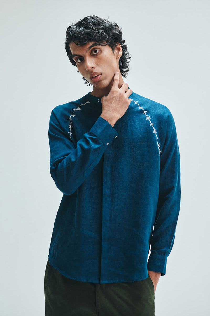 Indigo Linen Embroidered Men’s Raglan Shirt linen shirt by Saphed Men in blue for men in Singapore