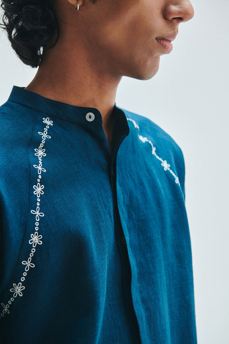 Indigo Linen Embroidered Men’s Raglan Shirt linen shirt by Saphed Men in blue for men in Singapore