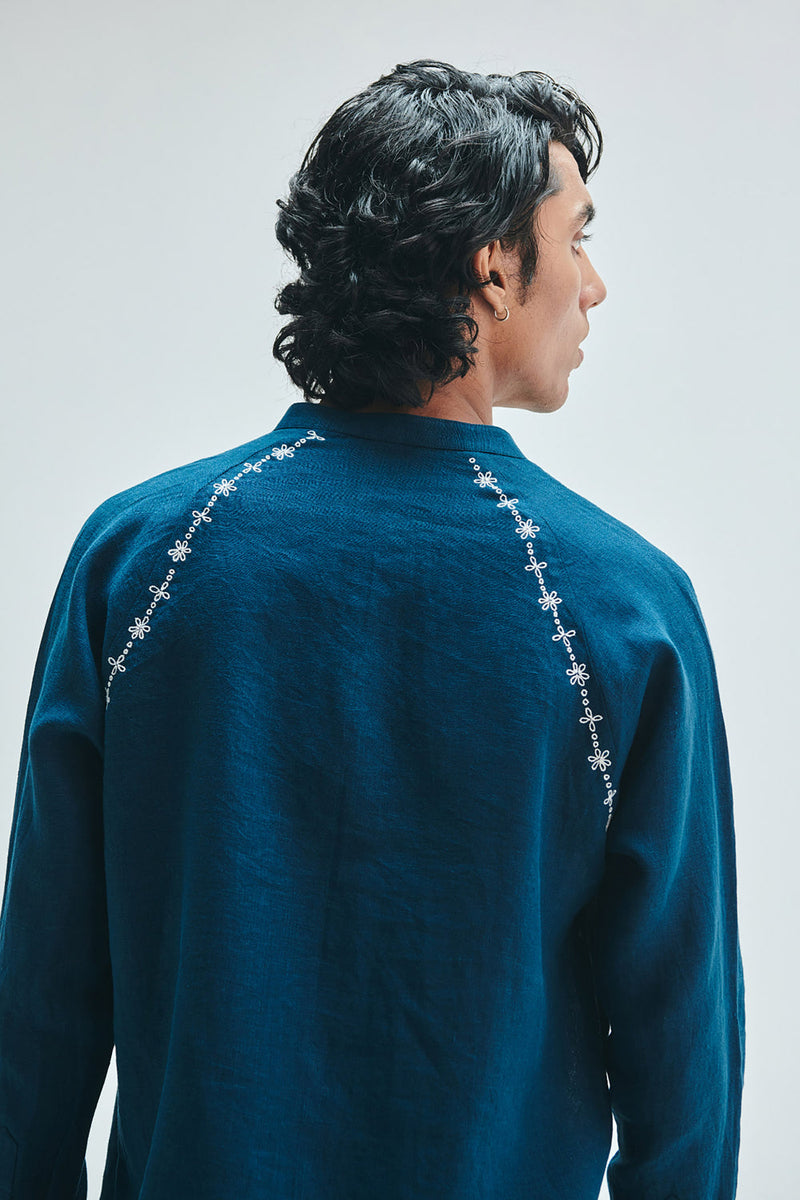 Indigo Linen Embroidered Men’s Raglan Shirt linen shirt by Saphed Men in blue for men in Singapore