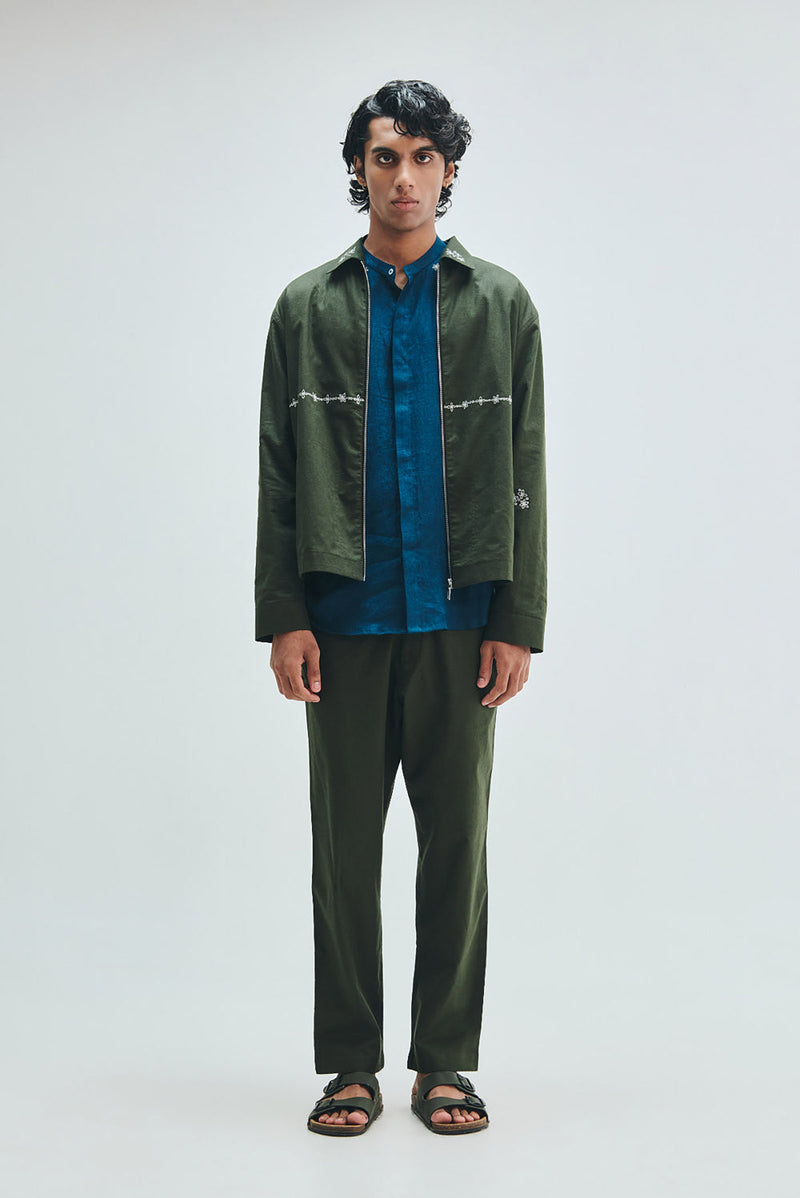 Pine Co-Linen Men’s Track Jacket cotton linen jacket by Saphed Men in green for men in Singapore