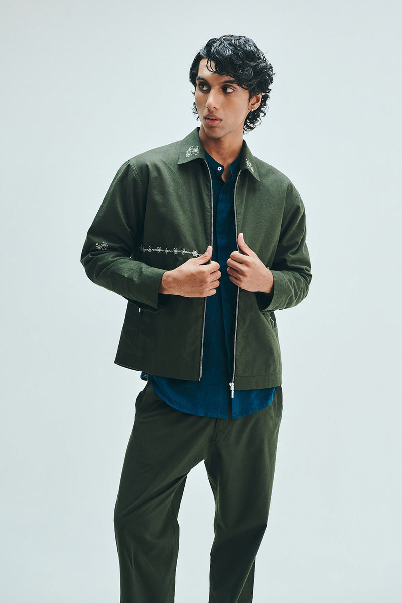 Pine Co-Linen Men’s Track Jacket cotton linen jacket by Saphed Men in green for men in Singapore