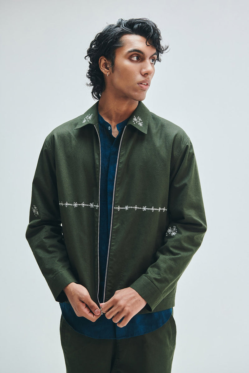 Pine Co-Linen Men’s Track Jacket cotton linen jacket by Saphed Men in green for men in Singapore