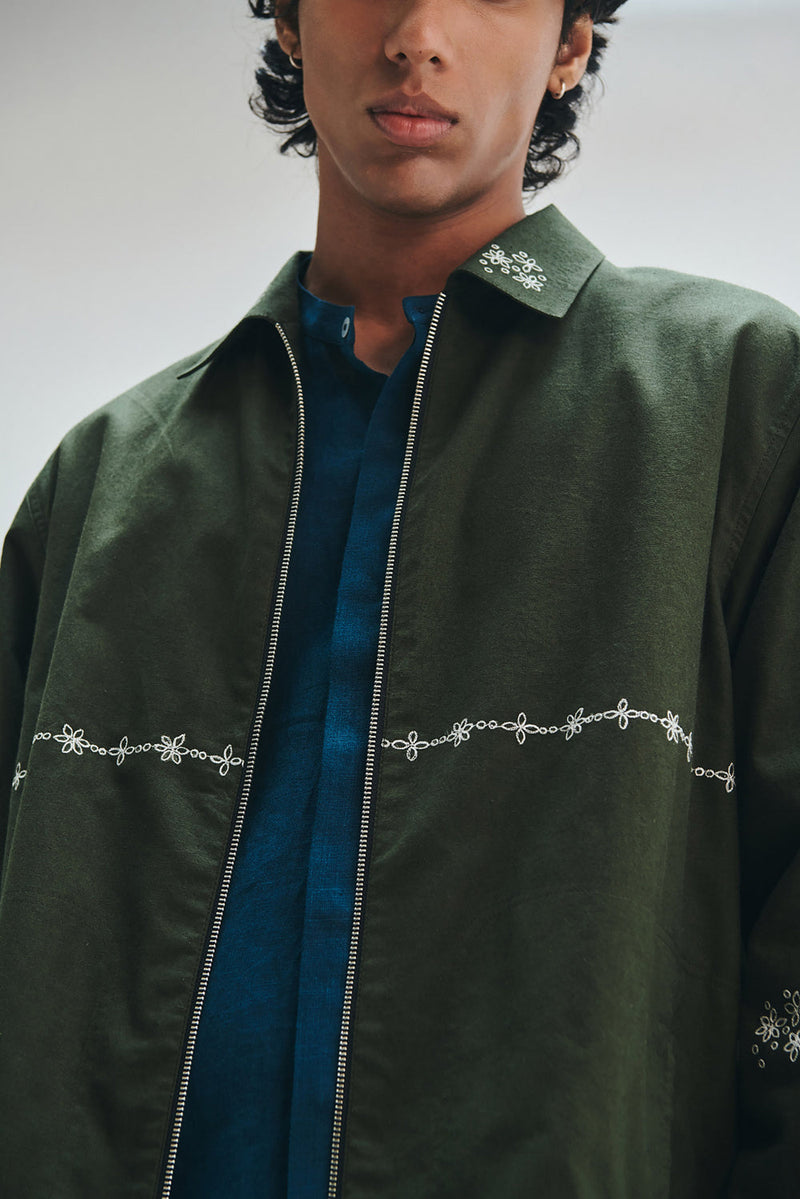 Pine Co-Linen Men’s Track Jacket cotton linen jacket by Saphed Men in green for men in Singapore