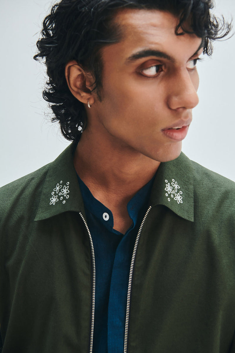 Pine Co-Linen Men’s Track Jacket cotton linen jacket by Saphed Men in green for men in Singapore