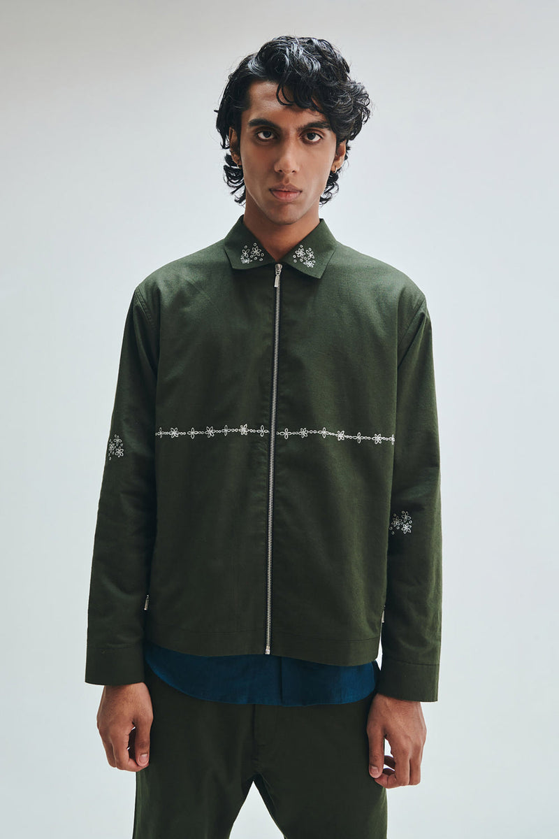 Pine Co-Linen Men’s Track Jacket cotton linen jacket by Saphed Men in green for men in Singapore