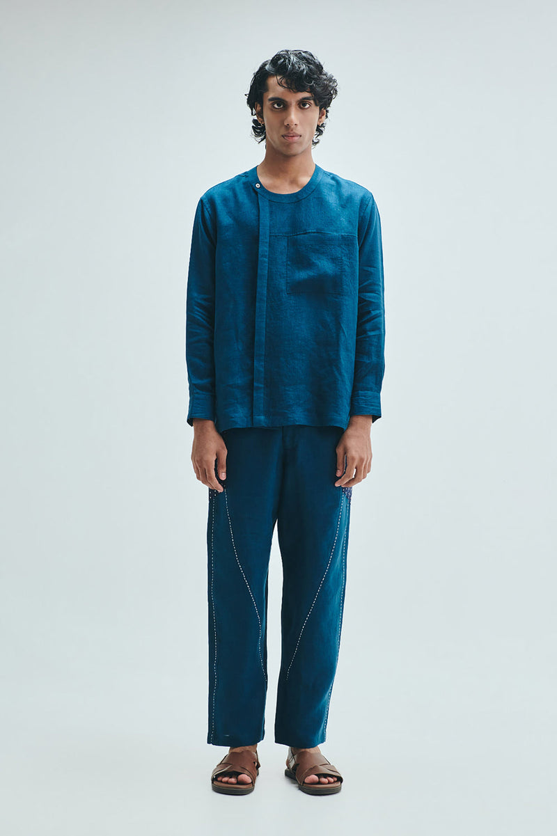 Indigo Linen Men’s Side Placket Shirt linen shirt by Saphed Men in blue for men in Singapore