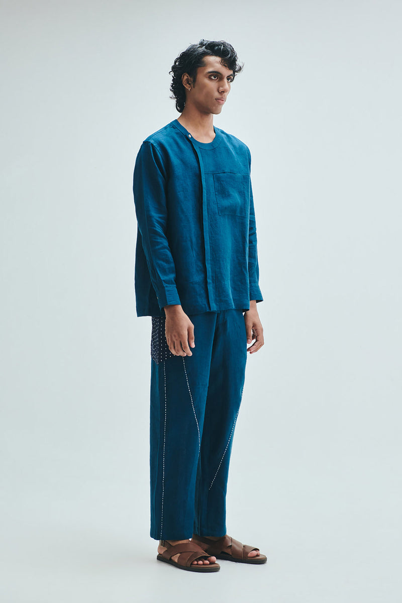 Indigo Linen Kantha Men’s Panelled Pants linen pant/trouser by Saphed Men in blue for men in Singapore