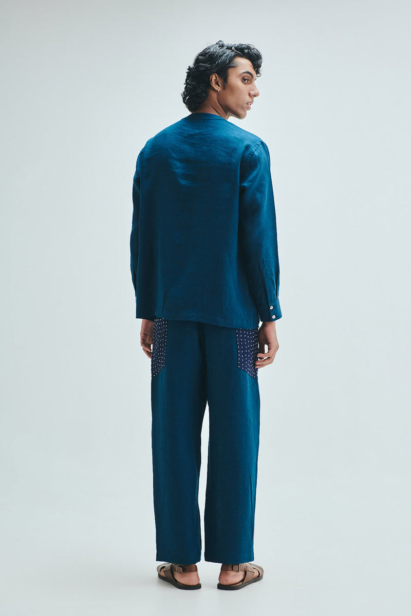 Indigo Linen Kantha Men’s Panelled Pants linen pant/trouser by Saphed Men in blue for men in Singapore