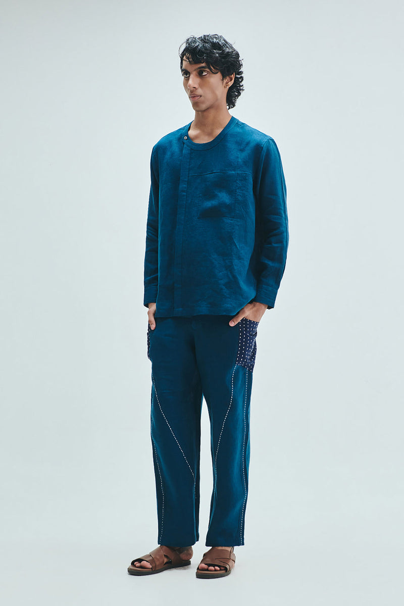 Indigo Linen Men’s Side Placket Shirt linen shirt by Saphed Men in blue for men in Singapore