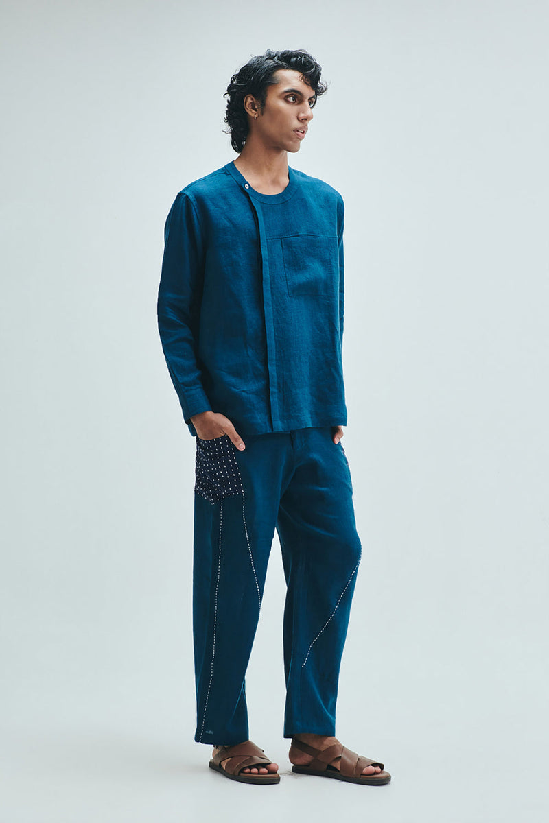 Indigo Linen Kantha Men’s Panelled Pants linen pant/trouser by Saphed Men in blue for men in Singapore