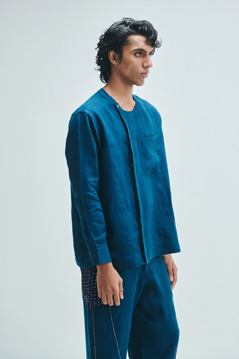 Indigo Linen Men’s Side Placket Shirt linen shirt by Saphed Men in blue for men in Singapore