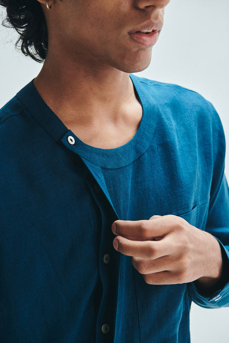 Indigo Linen Men’s Side Placket Shirt linen shirt by Saphed Men in blue for men in Singapore