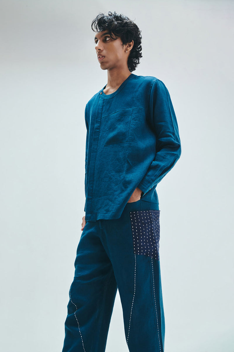 Indigo Linen Kantha Men’s Panelled Pants linen pant/trouser by Saphed Men in blue for men in Singapore
