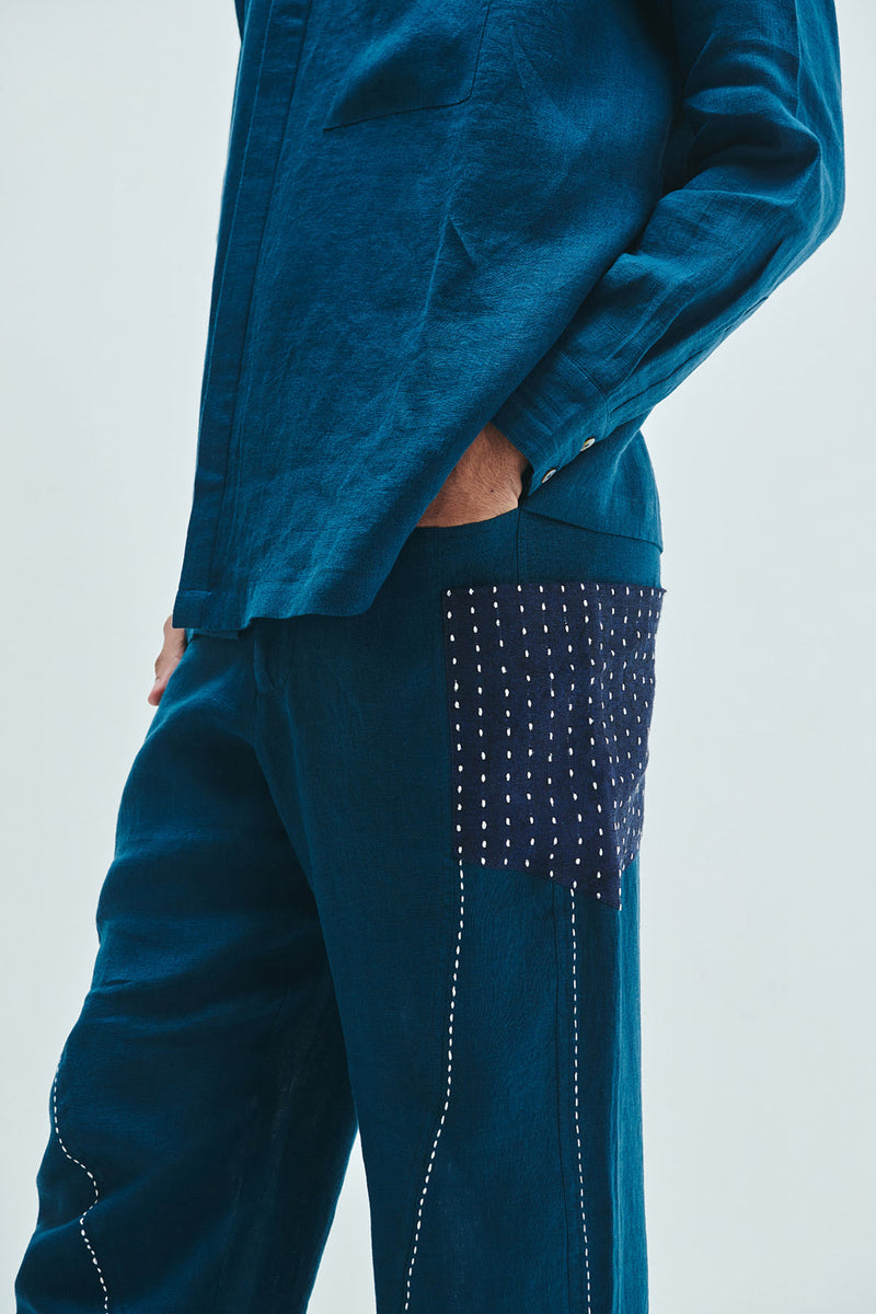 Indigo Linen Kantha Men’s Panelled Pants linen pant/trouser by Saphed Men in blue for men in Singapore