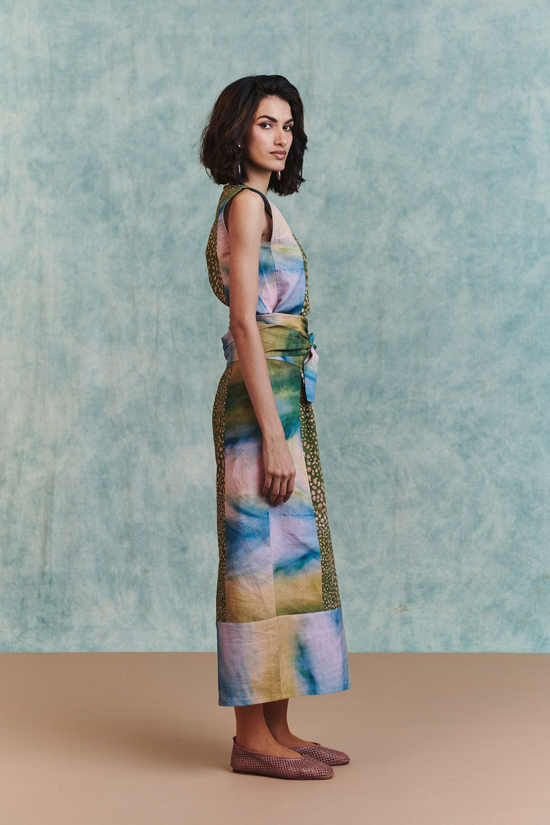 Prism Blot Co Linen Tie Dress cotton linen dress by Saphed in green for women in Singapore