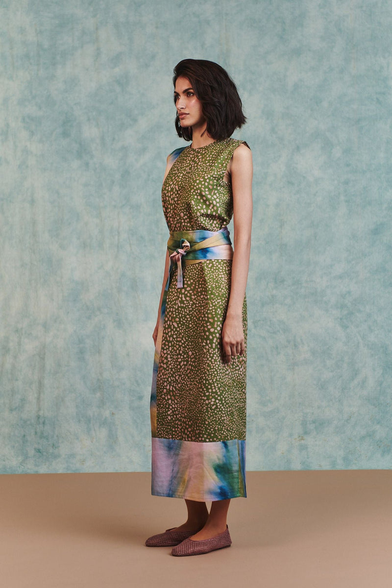 Prism Blot Co Linen Tie Dress cotton linen dress by Saphed in green for women in Singapore