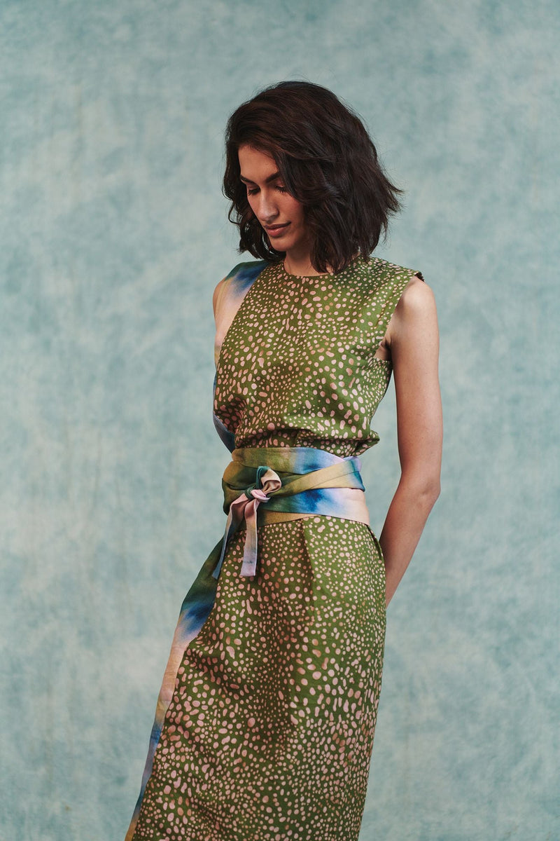 Prism Blot Co Linen Tie Dress cotton linen dress by Saphed in green for women in Singapore