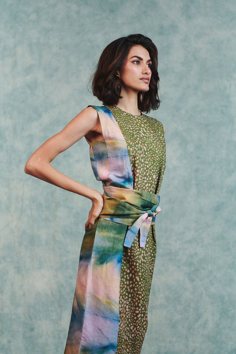 Prism Blot Co Linen Tie Dress cotton linen dress by Saphed in green for women in Singapore
