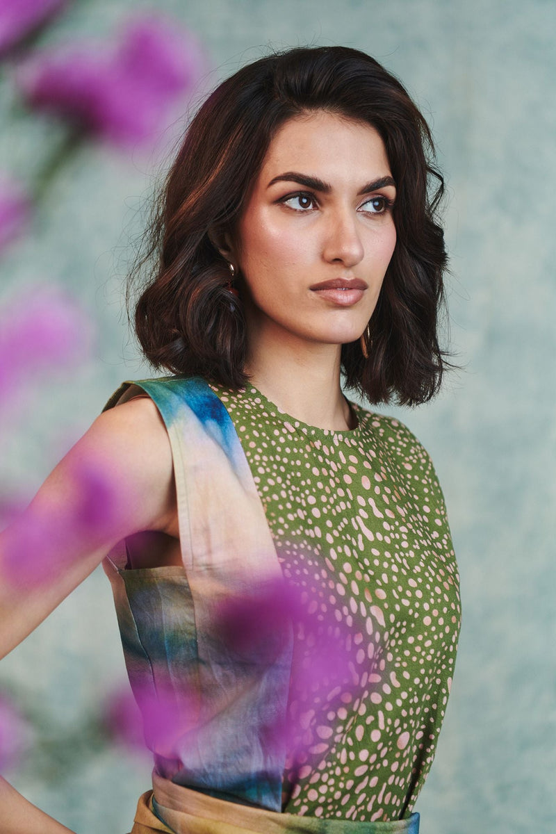 Prism Blot Co Linen Tie Dress cotton linen dress by Saphed in green for women in Singapore