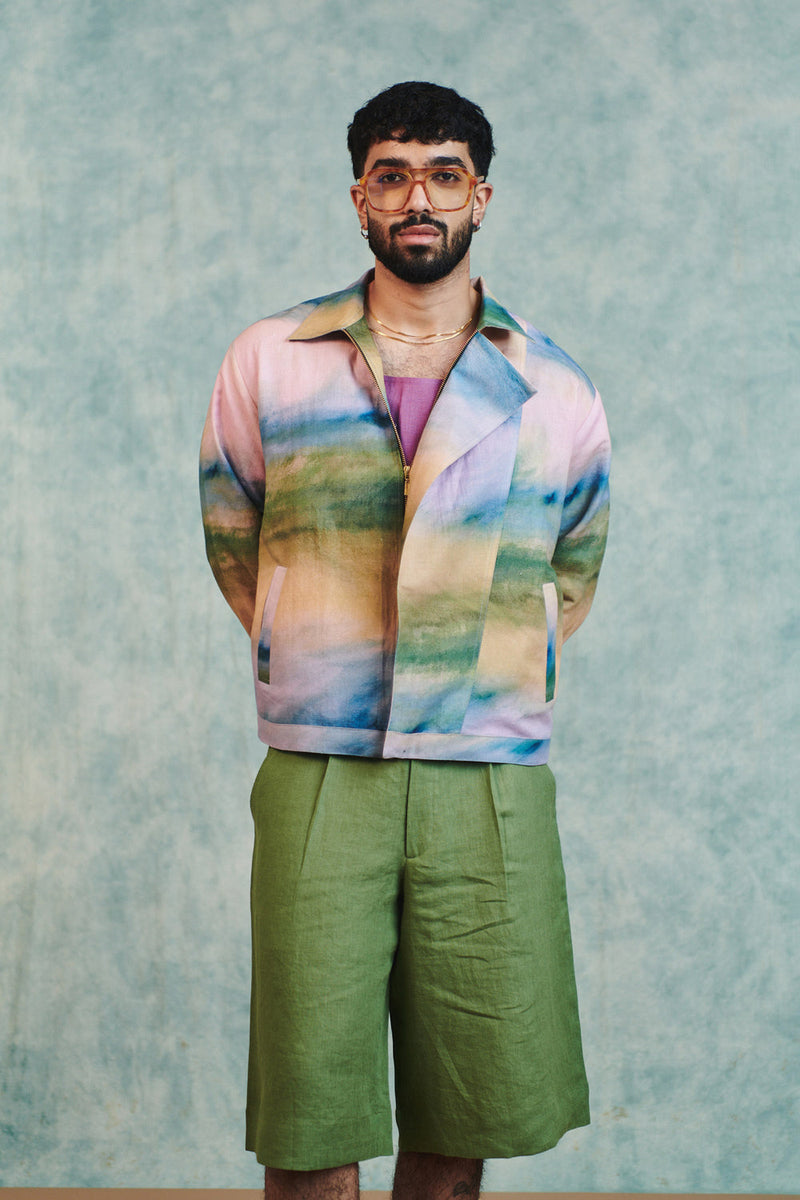 Moss Linen Men's Jorts linen short by Saphed Men in moss green for men in Singapore