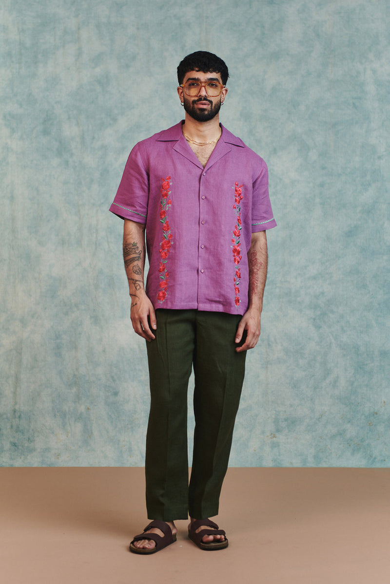 Berry Linen Embroidered Men's Camp Collar Shirt linen shirt by Saphed Men in lilac for men in Singapore