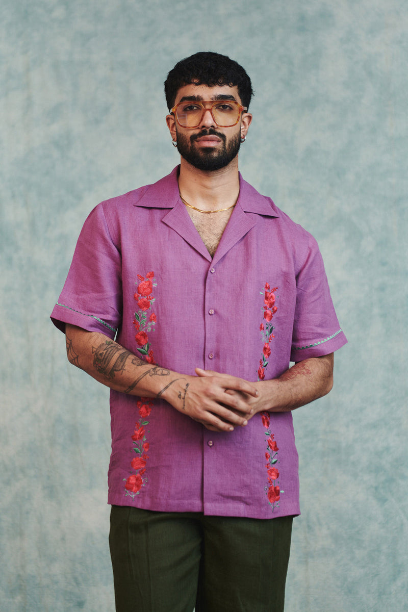 Berry Linen Embroidered Men's Camp Collar Shirt linen shirt by Saphed Men in lilac for men in Singapore