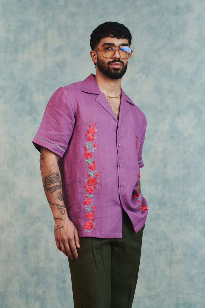 Berry Linen Embroidered Men's Camp Collar Shirt linen shirt by Saphed Men in lilac for men in Singapore