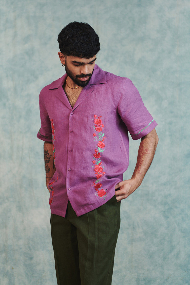 Berry Linen Embroidered Men's Camp Collar Shirt linen shirt by Saphed Men in lilac for men in Singapore