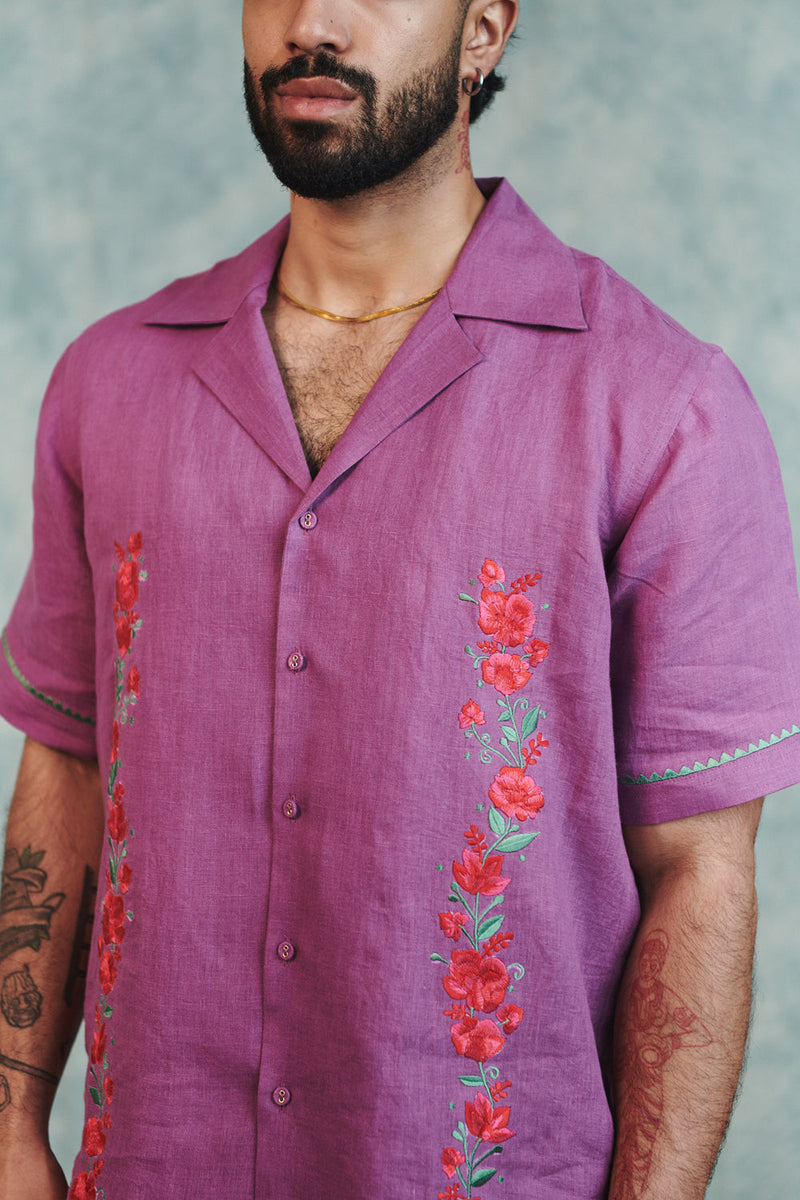 Berry Linen Embroidered Men's Camp Collar Shirt linen shirt by Saphed Men in lilac for men in Singapore