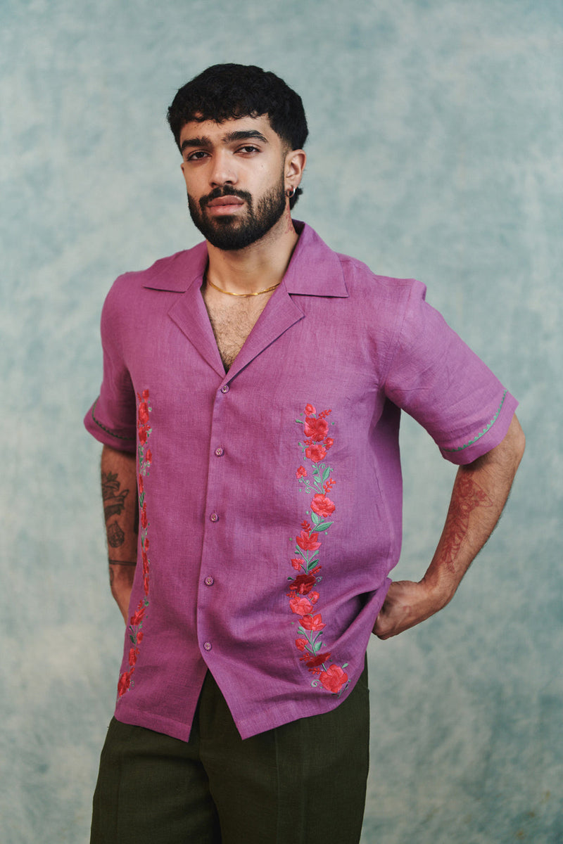Berry Linen Embroidered Men's Camp Collar Shirt linen shirt by Saphed Men in lilac for men in Singapore