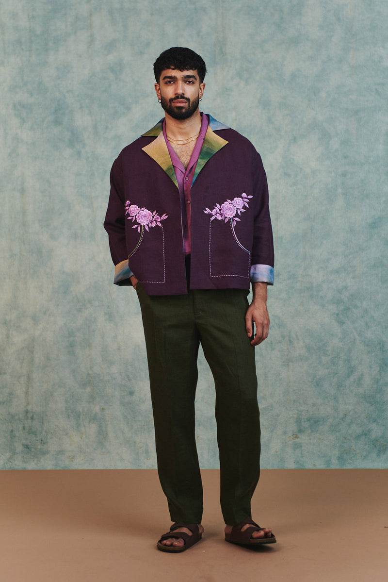 Plum Linen Unisex Embroidered Open Jacket linen jacket by Saphed Men in plum for men in Singapore