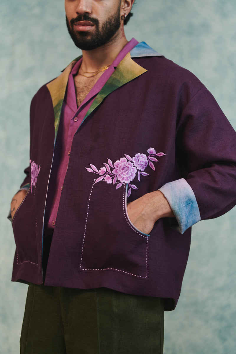 Plum Linen Unisex Embroidered Open Jacket linen jacket by Saphed Men in plum for men in Singapore