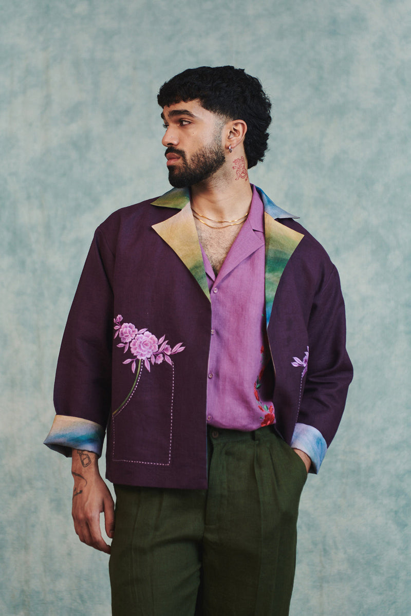 Plum Linen Unisex Embroidered Open Jacket linen jacket by Saphed Men in plum for men in Singapore