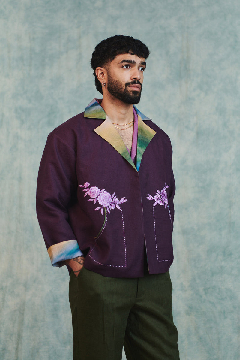 Plum Linen Unisex Embroidered Open Jacket linen jacket by Saphed Men in plum for men in Singapore