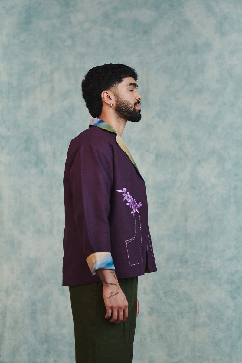 Plum Linen Unisex Embroidered Open Jacket linen jacket by Saphed Men in plum for men in Singapore