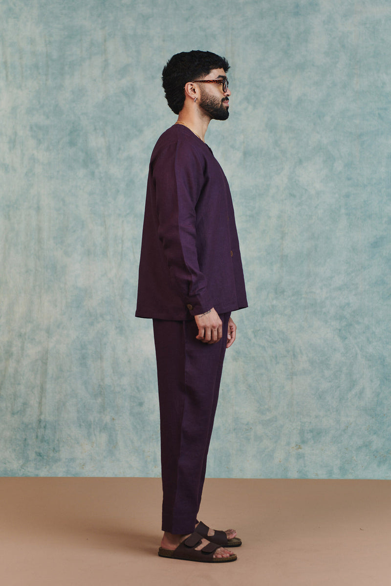 Plum Linen Men's Round Neck Shirt Set linen co-ord set by Saphed Men in plum for men in Singapore