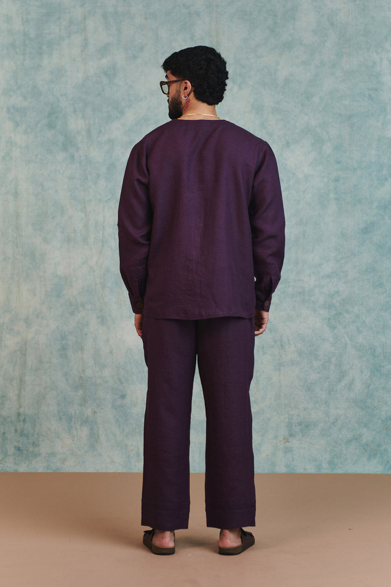 Plum Linen Men's Round Neck Shirt Set linen co-ord set by Saphed Men in plum for men in Singapore