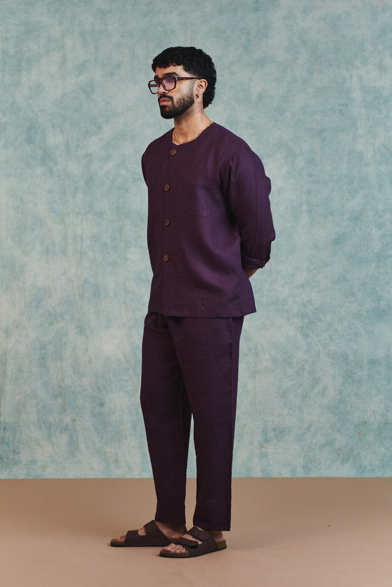 Plum Linen Men's Round Neck Shirt linen shirt by Saphed Men in plum for men in Singapore