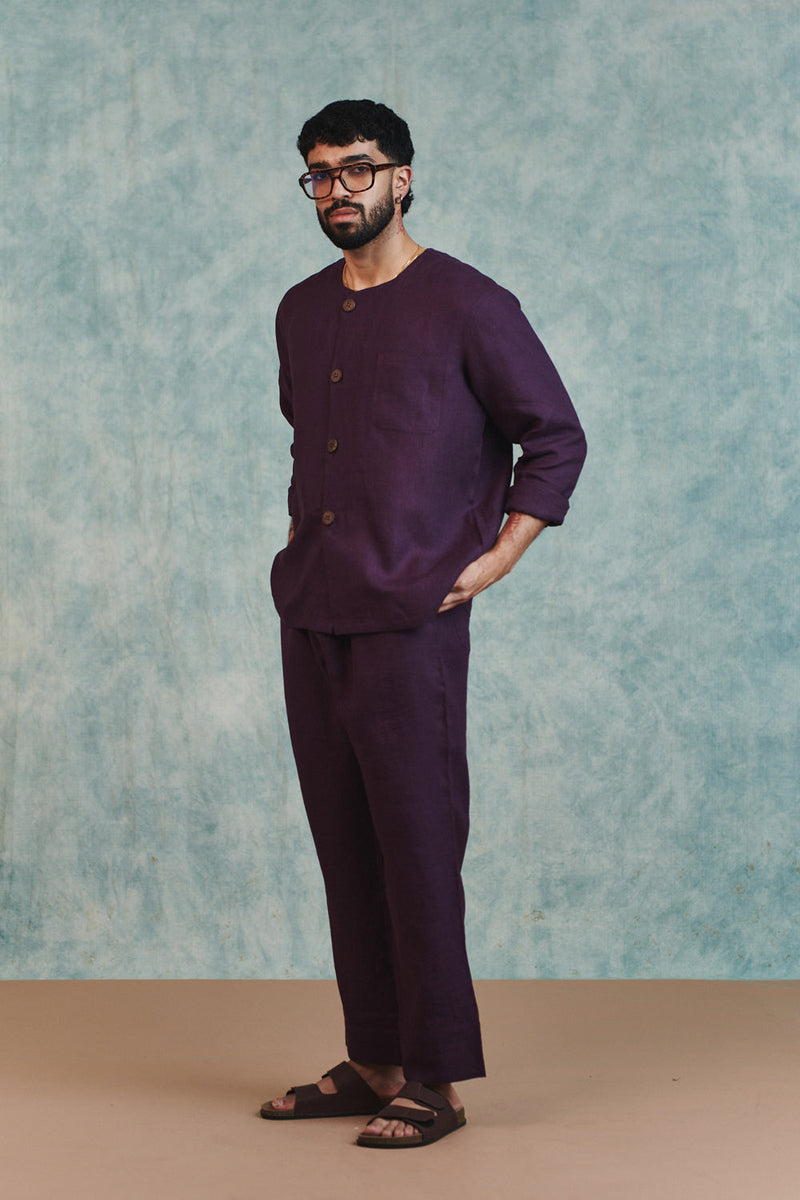 Plum Linen Men's Round Neck Shirt Set linen co-ord set by Saphed Men in plum for men in Singapore